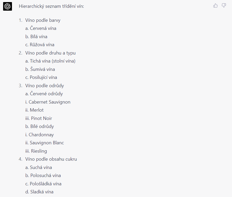 Ukázka sumarizace v ChatGPT: Hierarchický seznam třídění vín