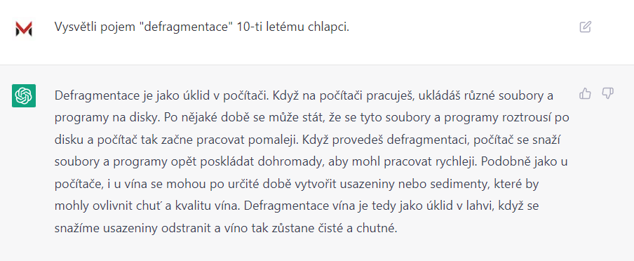 Ukázka výstupu z ChatGPT: Vysvětlení složitého tématu pro 10letého chlapce